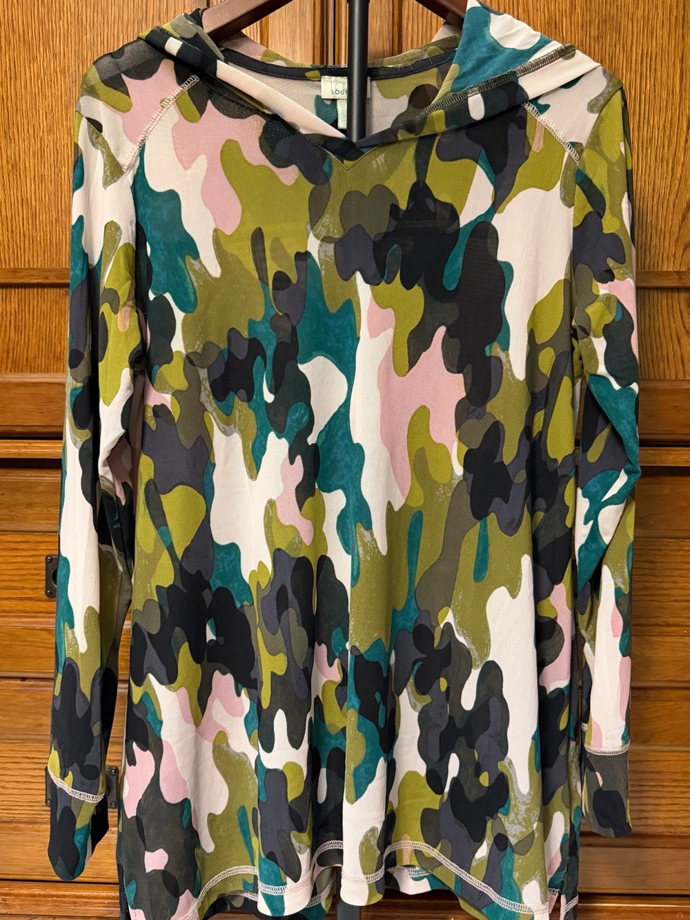 LOGO Lounge by Lori Goldstein Saturn Mesh Hooded Camo Print Top A489038 QVC Y2K